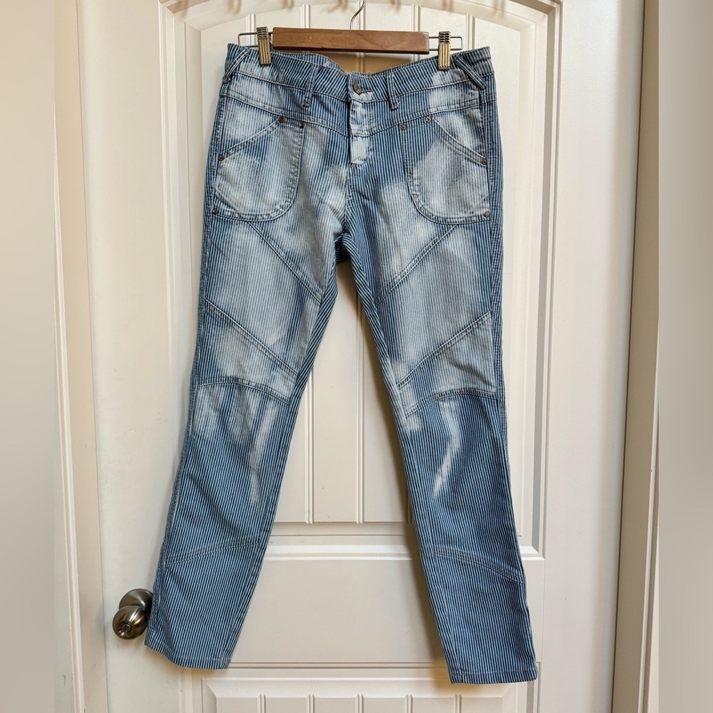 Free People Low Rise Striped Moto Denim with Bleaching Effect. Size 28” by 29”